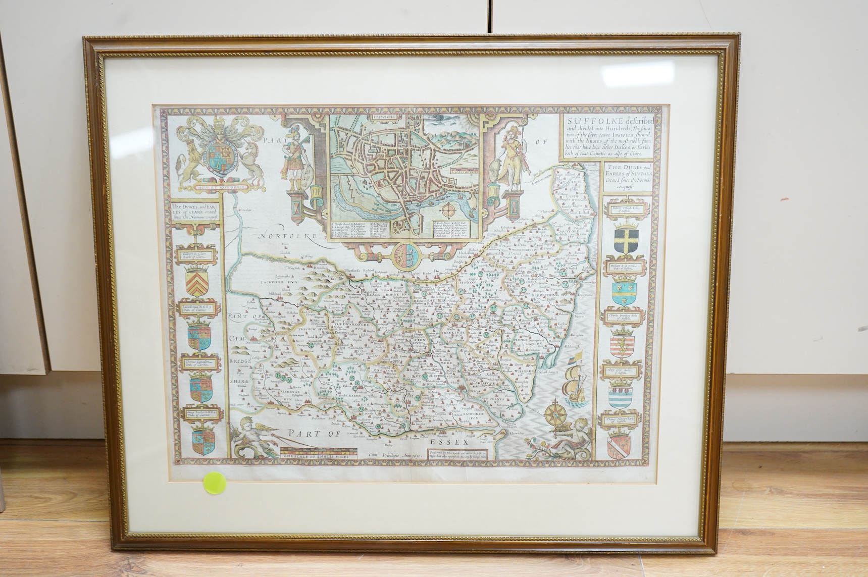 John Speed (1552-1629), Suffolk, described and divided into hundreds, sold by George Humble, hand coloured engraved map, text verso, 40 x 51cm